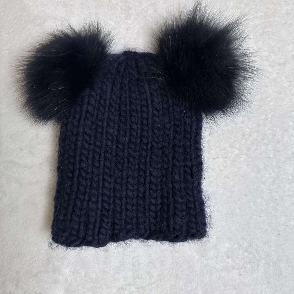 Eugenia Kim Womens Wool Knit Hat Arctic Blue‎ Fox Pom Poms Blue